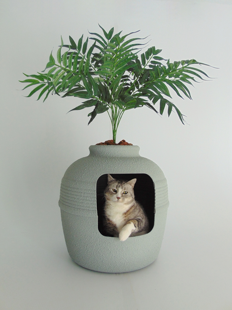 Misty Gray Textured Tuscany Cat Hidden Litter Box Phoenix Palm Plant